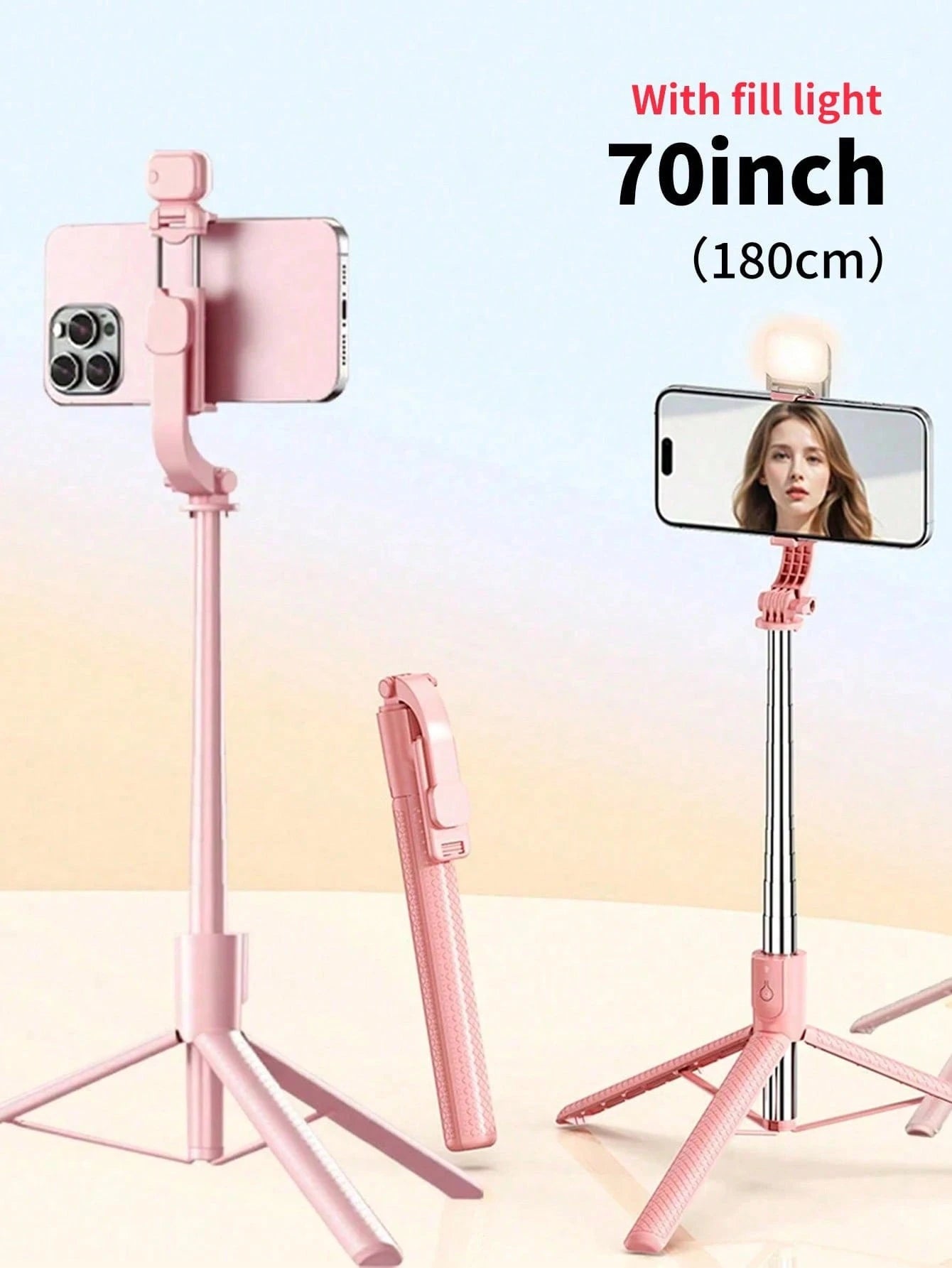 Tangle-Free Large Size Smartphone Photography Accessories Tripod Fill Light 70'' Extendable Selfie Stick Tripod With Wireless Remote & Dual Fill Lights Portable Phone Stand For Smartphones And Cell Ph