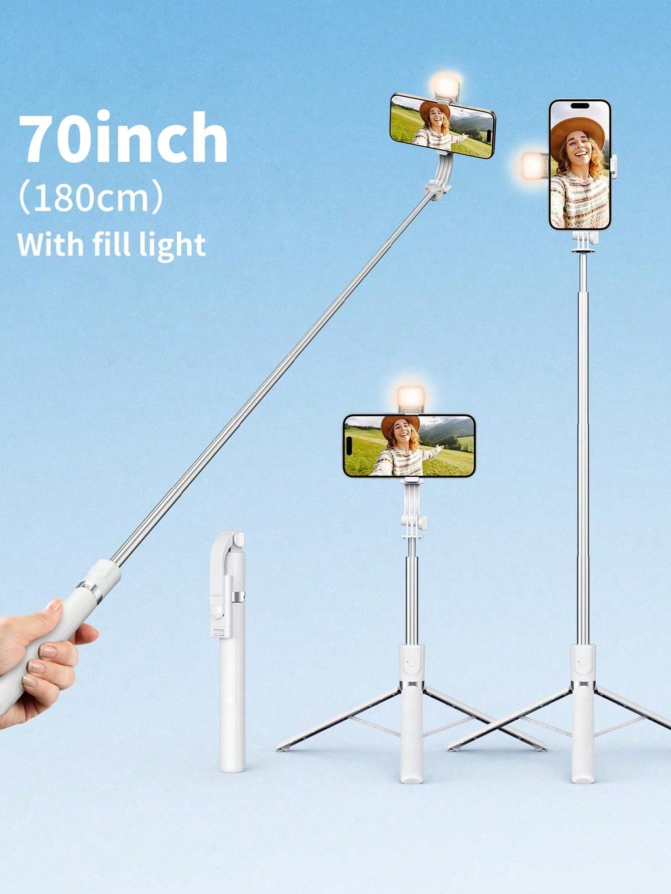Tangle-Free Large Size Smartphone Photography Accessories Tripod Fill Light 70'' Extendable Selfie Stick Tripod With Wireless Remote & Dual Fill Lights Portable Phone Stand For Smartphones And Cell Ph