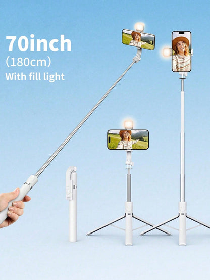Tangle-Free Large Size Smartphone Photography Accessories Tripod Fill Light 70'' Extendable Selfie Stick Tripod With Wireless Remote & Dual Fill Lights Portable Phone Stand For Smartphones And Cell Ph