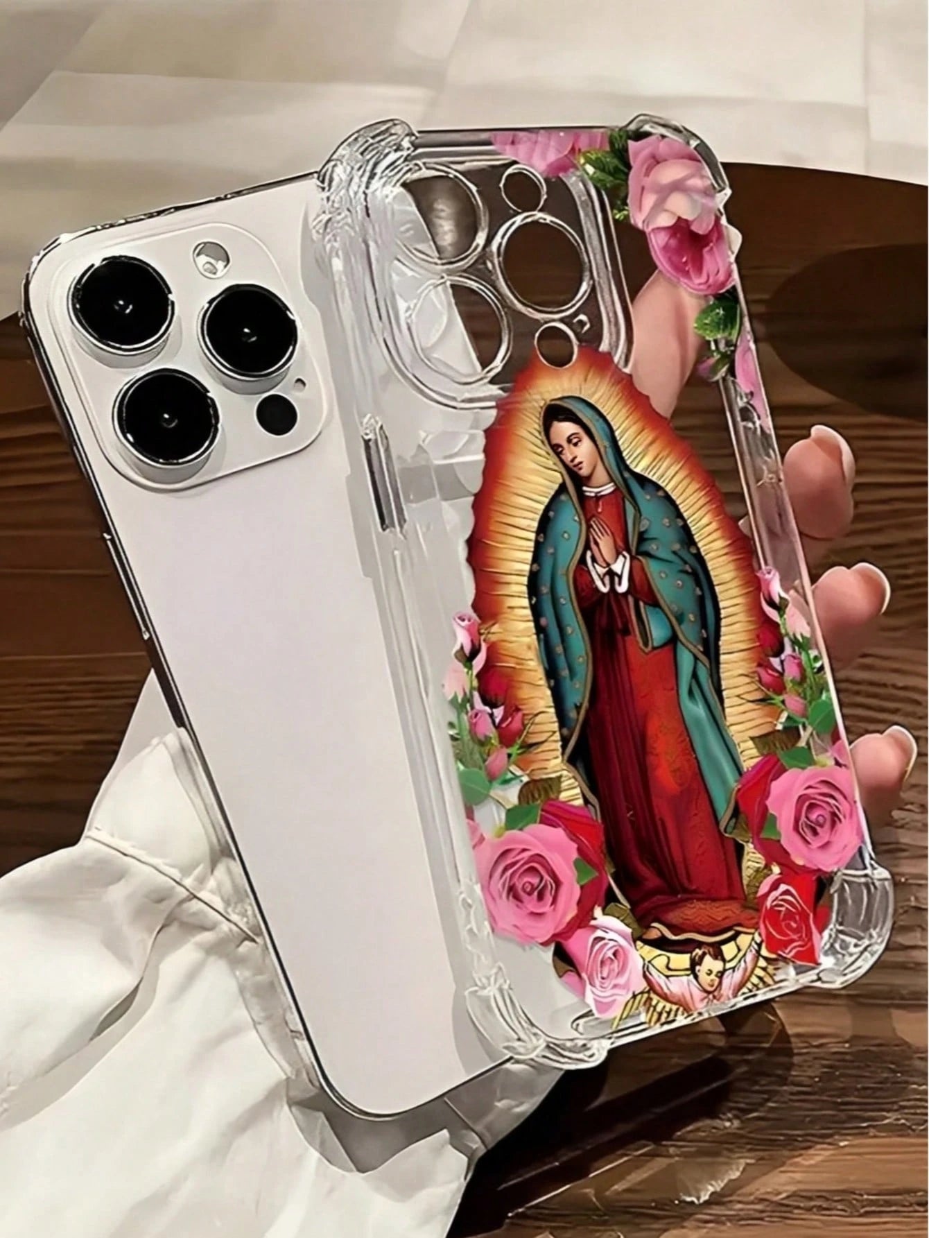 The Virgin Mary Is Surrounded By Pink Roses. Four-Corner Anti-Drop Transparent Space Shell Phone Case Suitable For Compatible With Iphone17/17AIR/16/15/14/13/12/11 Pro/Plus/Max,X,XS,XSMAX,,As Well A