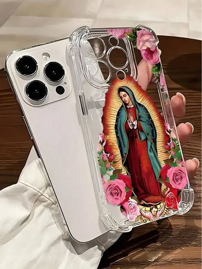 The Virgin Mary Is Surrounded By Pink Roses. Four-Corner Anti-Drop Transparent Space Shell Phone Case Suitable For Compatible With Iphone17/17AIR/16/15/14/13/12/11 Pro/Plus/Max,X,XS,XSMAX,,As Well A