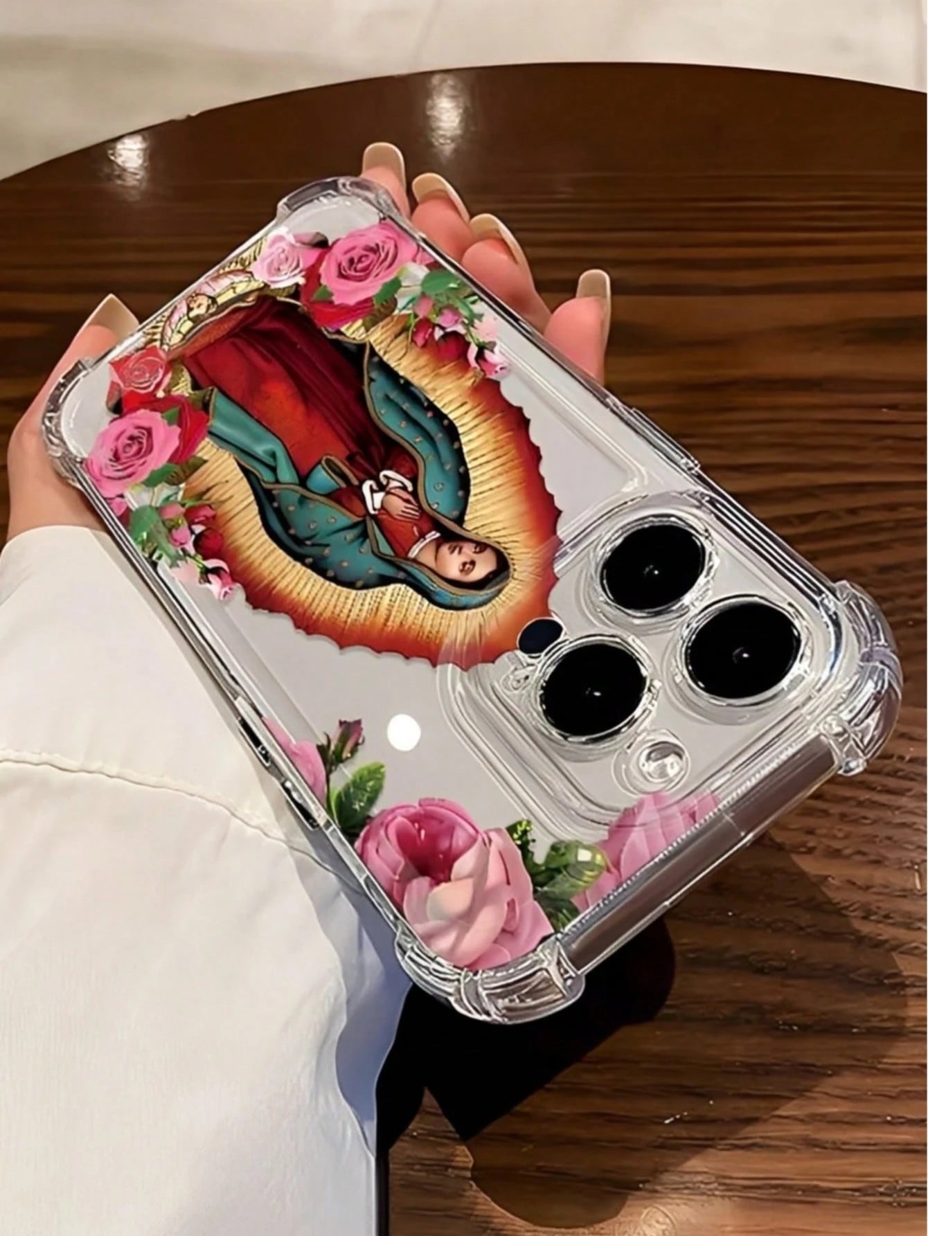 The Virgin Mary Is Surrounded By Pink Roses. Four-Corner Anti-Drop Transparent Space Shell Phone Case Suitable For Compatible With Iphone17/17AIR/16/15/14/13/12/11 Pro/Plus/Max,X,XS,XSMAX,,As Well A