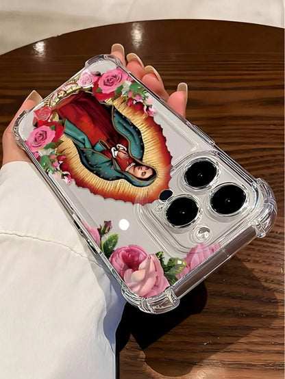 The Virgin Mary Is Surrounded By Pink Roses. Four-Corner Anti-Drop Transparent Space Shell Phone Case Suitable For Compatible With Iphone17/17AIR/16/15/14/13/12/11 Pro/Plus/Max,X,XS,XSMAX,,As Well A
