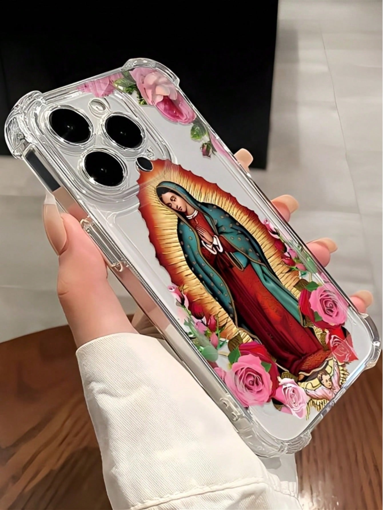 The Virgin Mary Is Surrounded By Pink Roses. Four-Corner Anti-Drop Transparent Space Shell Phone Case Suitable For Compatible With Iphone17/17AIR/16/15/14/13/12/11 Pro/Plus/Max,X,XS,XSMAX,,As Well A