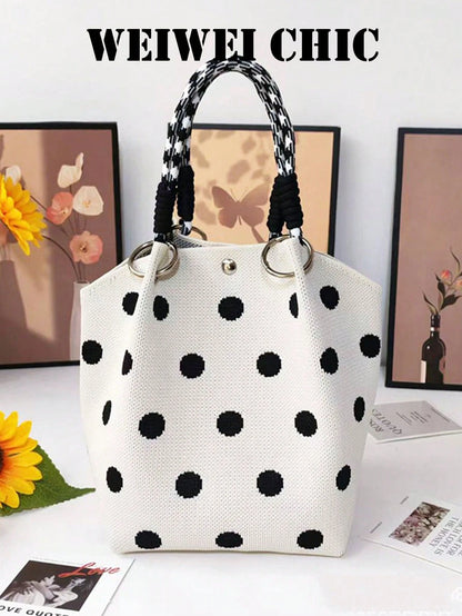 This Minimalist Style Polka Dot Tote Bag Features A Refined Texture And Metal Ring Decoration, Making It Perfect For Students, Professionals And Teachers. It Is An Ideal Choice For Commuting, Shopping