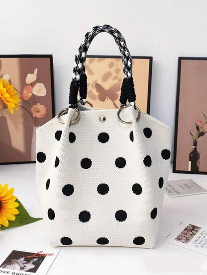 This Minimalist Style Polka Dot Tote Bag Features A Refined Texture And Metal Ring Decoration, Making It Perfect For Students, Professionals And Teachers. It Is An Ideal Choice For Commuting, Shopping