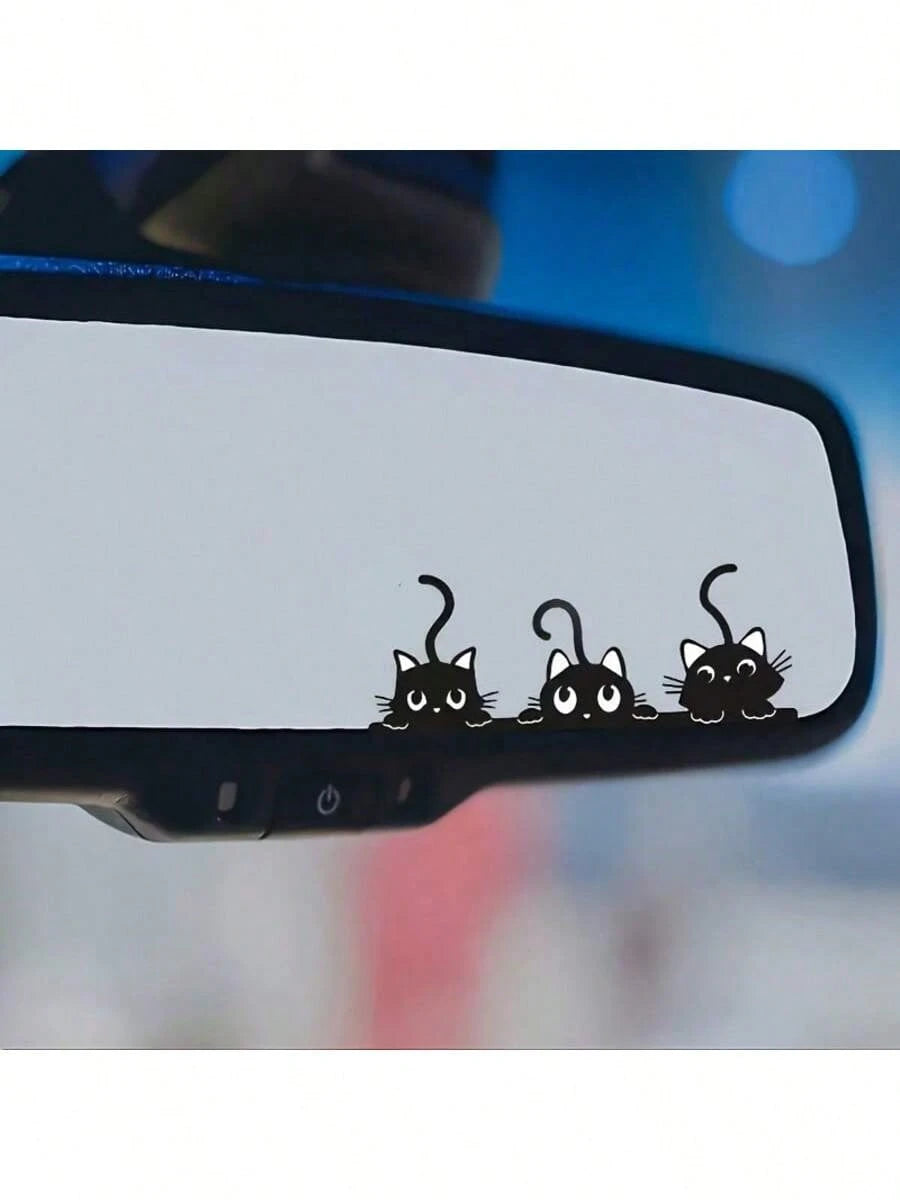 Three Cute And Mischievous Cat Probes- Rearview Mirror Stickers. Versatile For Cars, Motorcycles, Laptops- On Any Smooth Surface.