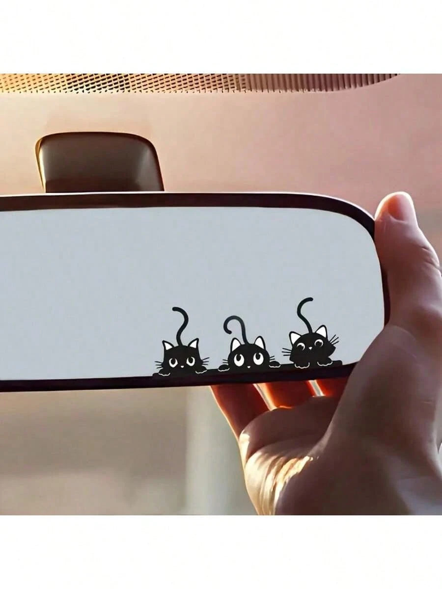 Three Cute And Mischievous Cat Probes- Rearview Mirror Stickers. Versatile For Cars, Motorcycles, Laptops- On Any Smooth Surface.