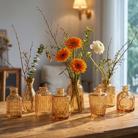 Tomnk 18pcs Glass Bud Vase Set, Bulk Amber/Clear Mini Vintage Flower Vases For Outdoor Table Centerpieces, Spring Decor Small Vases For Home Wedding Patio Garden Party Decor, Mother's Day Decor, Ideal