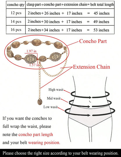 TOPACC Western Metal Concho Belt For Women Cowgirl Chain Belts For Dresses Jeans Country Concert Outfit