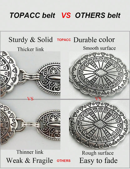 TOPACC Western Metal Concho Belt For Women Cowgirl Chain Belts For Dresses Jeans Country Concert Outfit