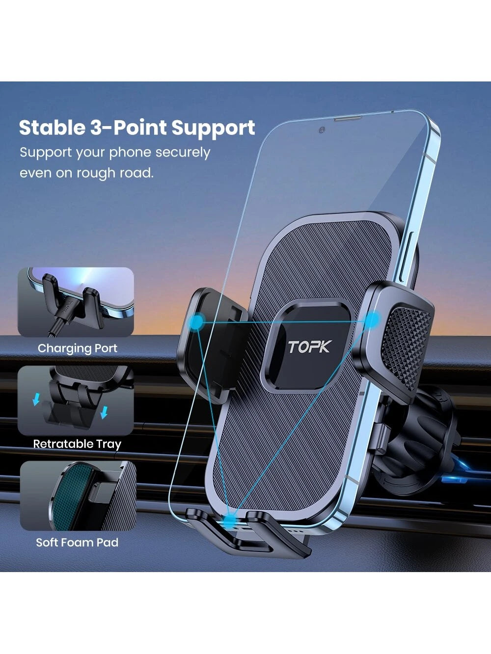 TOPK Car Phone Holder Mount For Car Air Vent,TOPK Air Vent Car Mount With Hook Clip 360° Rotation Phone Mount For Cellphones