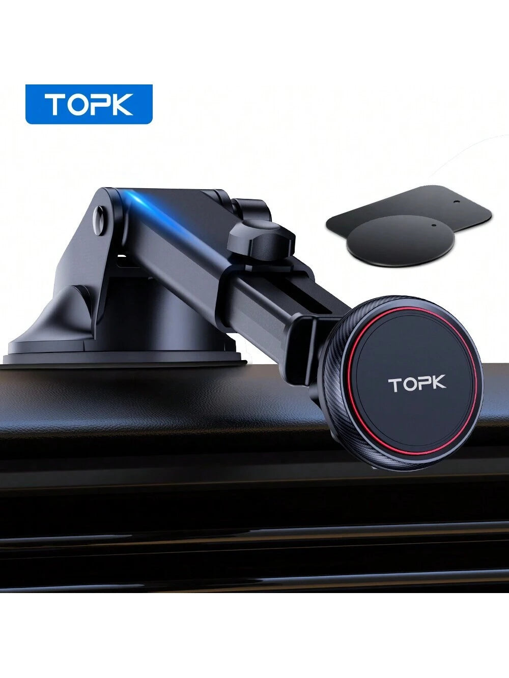 TOPK Magnetic Car Phone Mount, Strong Magnet Dashboard Windshield Suction Cup Car Phone Holder With Adjustable Telescopic Arm For All Cell Phones