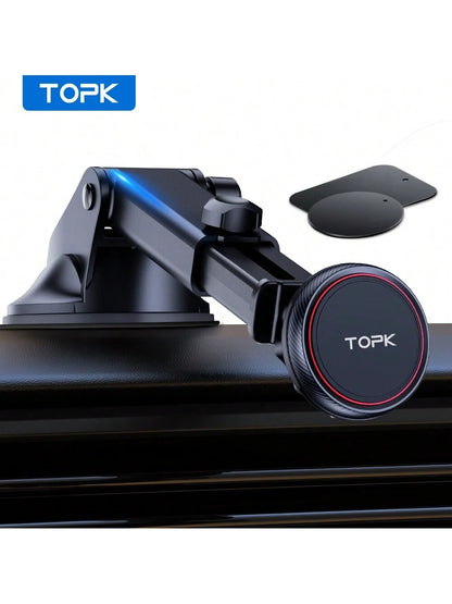TOPK Magnetic Car Phone Mount, Strong Magnet Dashboard Windshield Suction Cup Car Phone Holder With Adjustable Telescopic Arm For All Cell Phones