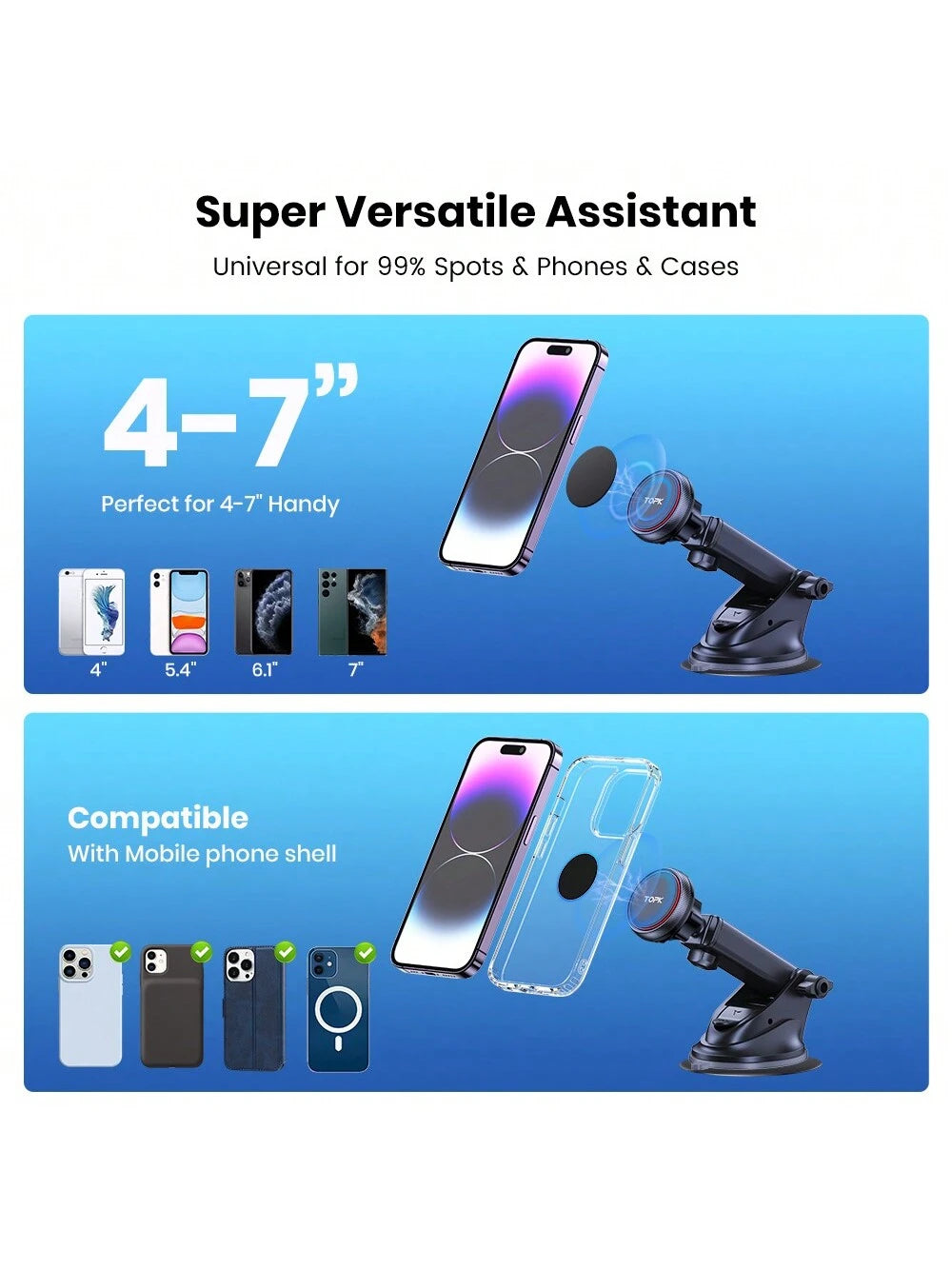 TOPK Magnetic Car Phone Mount, Strong Magnet Dashboard Windshield Suction Cup Car Phone Holder With Adjustable Telescopic Arm For All Cell Phones