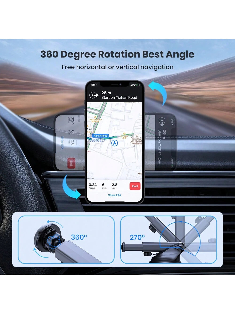 TOPK Magnetic Car Phone Mount, Strong Magnet Dashboard Windshield Suction Cup Car Phone Holder With Adjustable Telescopic Arm For All Cell Phones