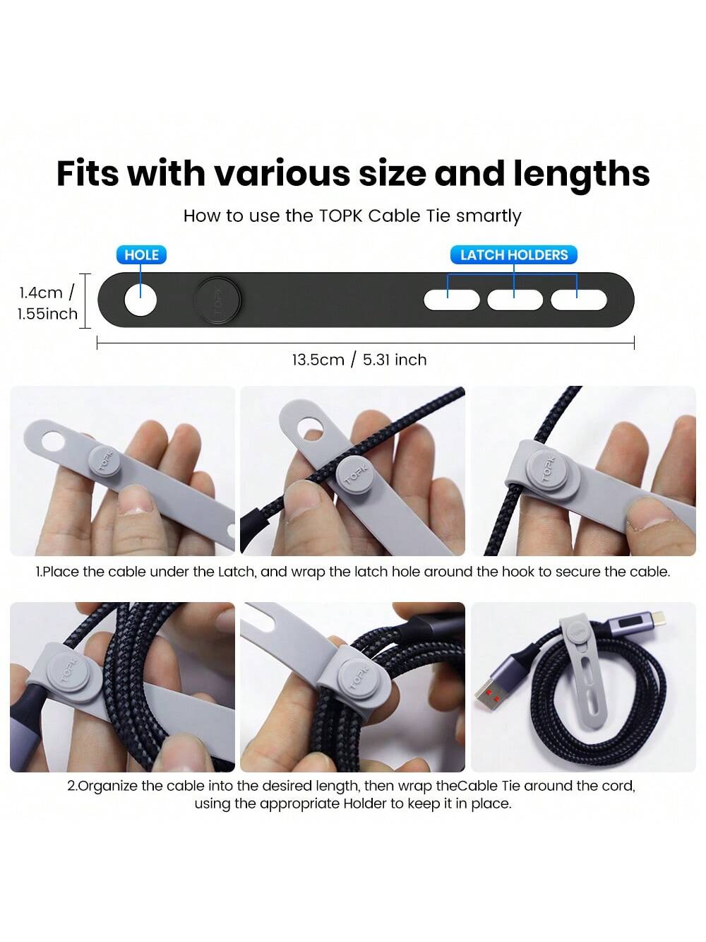 TOPK Silicone Cable Ties, Reusable Cable Management Organizer,Cable Straps,Cord Ties,Multipurpose Elastic Cord Organizer For Bundling And Fastening Cable Cords Wires Cable Organizer