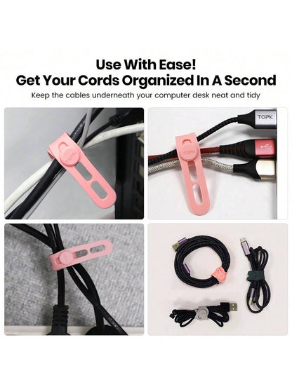 TOPK Silicone Cable Ties, Reusable Cable Management Organizer,Cable Straps,Cord Ties,Multipurpose Elastic Cord Organizer For Bundling And Fastening Cable Cords Wires Cable Organizer
