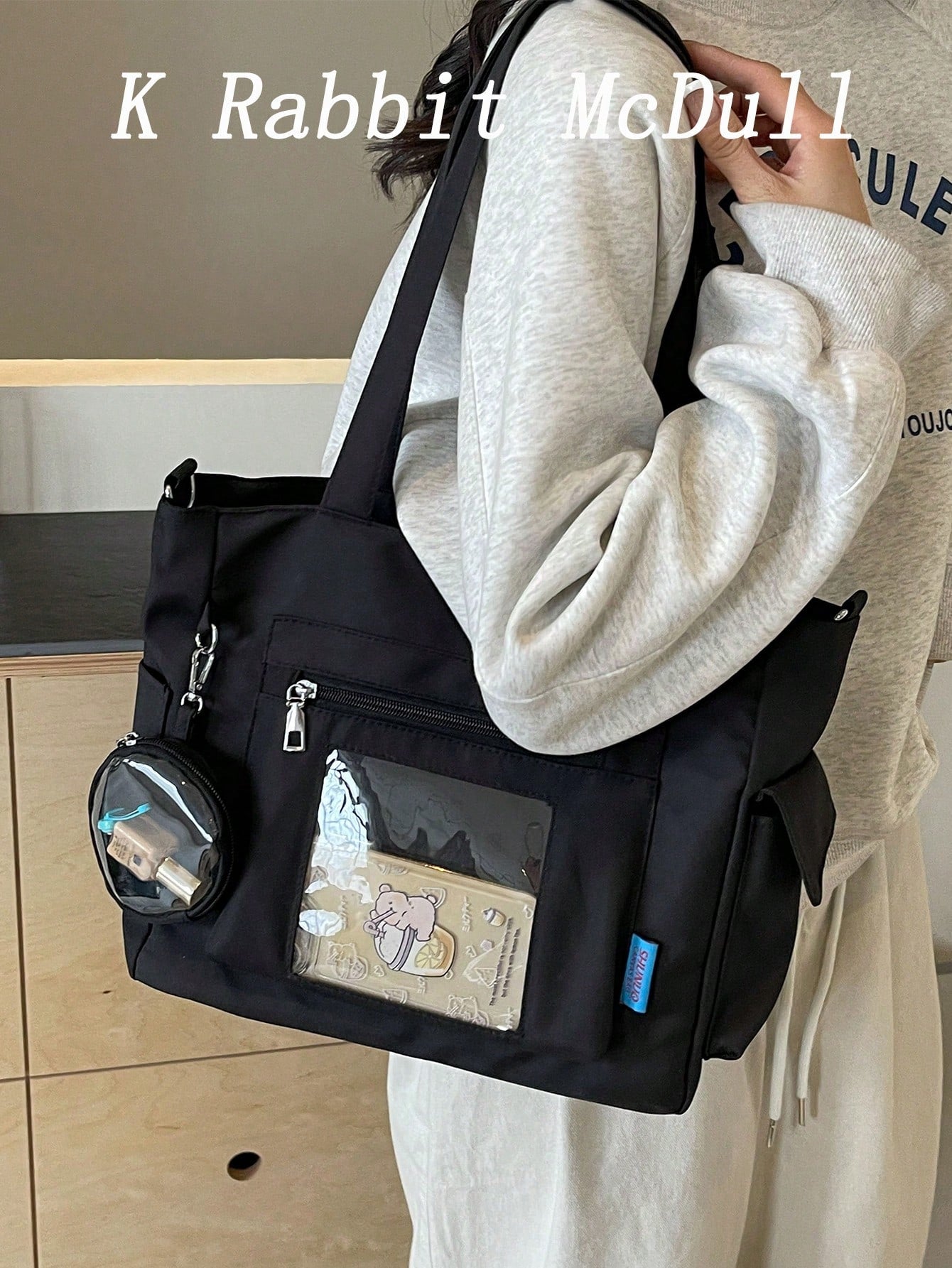 Transparent Pocket Design Large Capacity Tote Bag With Wallet, New Korean Style Multi-Pocket Backpack, Multi-Functional Casual Crossbody Bag, Medium