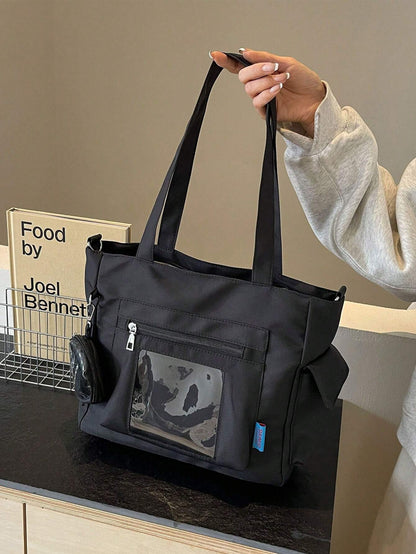 Transparent Pocket Design Large Capacity Tote Bag With Wallet, New Korean Style Multi-Pocket Backpack, Multi-Functional Casual Crossbody Bag, Medium