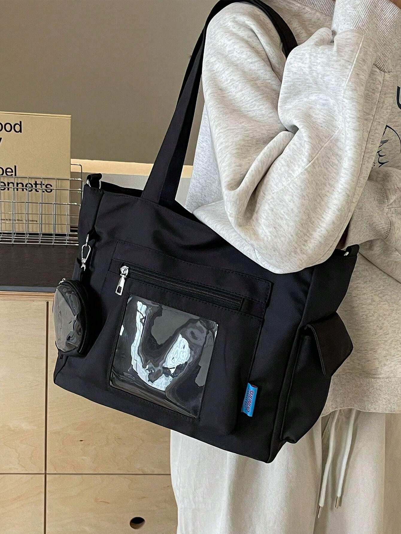 Transparent Pocket Design Large Capacity Tote Bag With Wallet, New Korean Style Multi-Pocket Backpack, Multi-Functional Casual Crossbody Bag, Medium