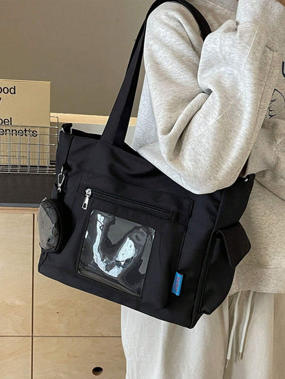 Transparent Pocket Design Large Capacity Tote Bag With Wallet, New Korean Style Multi-Pocket Backpack, Multi-Functional Casual Crossbody Bag, Medium