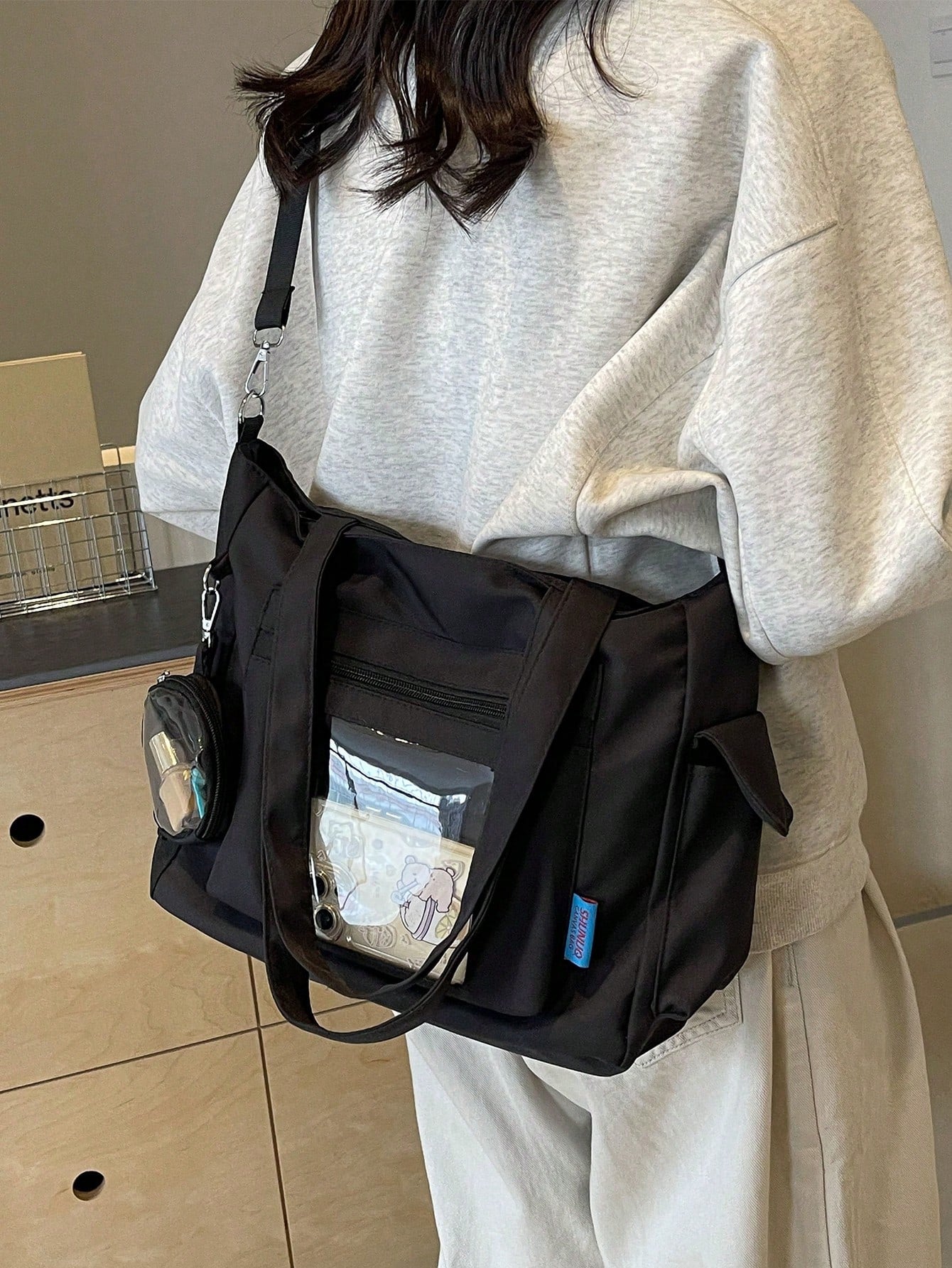 Transparent Pocket Design Large Capacity Tote Bag With Wallet, New Korean Style Multi-Pocket Backpack, Multi-Functional Casual Crossbody Bag, Medium