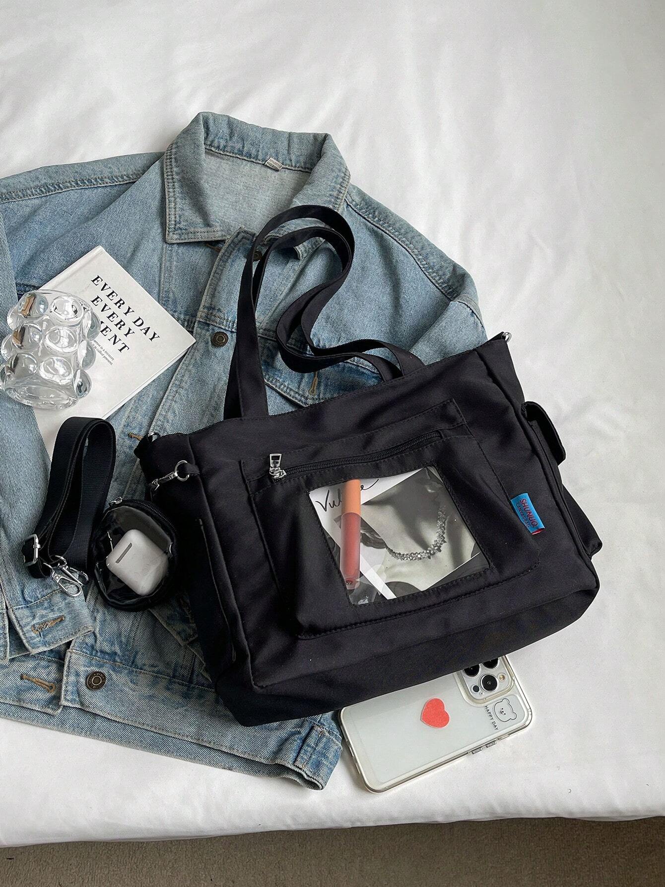 Transparent Pocket Design Large Capacity Tote Bag With Wallet, New Korean Style Multi-Pocket Backpack, Multi-Functional Casual Crossbody Bag, Medium