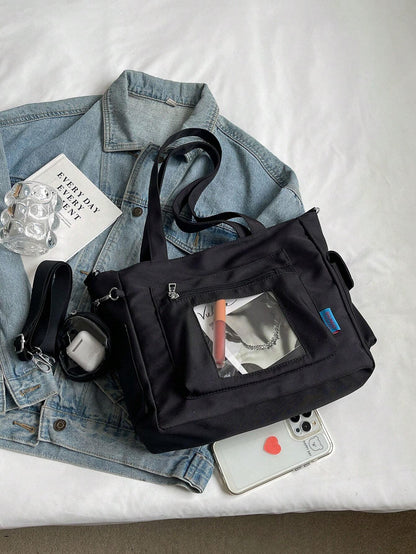 Transparent Pocket Design Large Capacity Tote Bag With Wallet, New Korean Style Multi-Pocket Backpack, Multi-Functional Casual Crossbody Bag, Medium