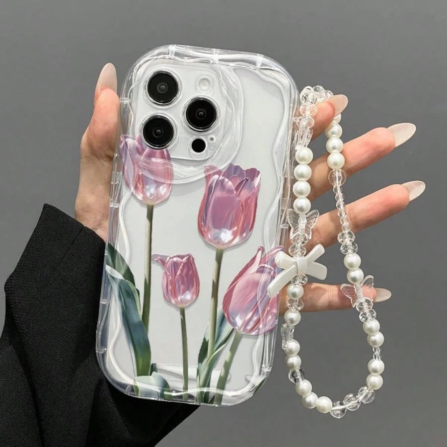Transparent Wavy Edge Pink Tulip Phone Case, Fresh Floral Print With Pearl Bow Charm Chain, Full Coverage Anti-Drop Soft Shell Compatible With 17/17 Pro/17 Pro Max, 16/15, 15 Pro Max, 13/14/11/12/14 P