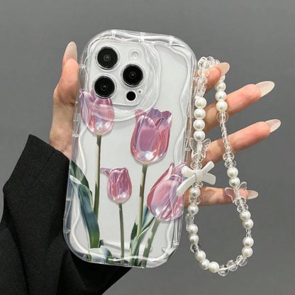 Transparent Wavy Edge Pink Tulip Phone Case, Fresh Floral Print With Pearl Bow Charm Chain, Full Coverage Anti-Drop Soft Shell Compatible With 17/17 Pro/17 Pro Max, 16/15, 15 Pro Max, 13/14/11/12/14 P