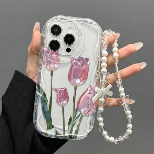 Transparent Wavy Edge Pink Tulip Phone Case, Fresh Floral Print With Pearl Bow Charm Chain, Full Coverage Anti-Drop Soft Shell Compatible With 17/17 Pro/17 Pro Max, 16/15, 15 Pro Max, 13/14/11/12/14 P