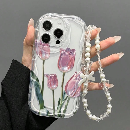 Transparent Wavy Edge Pink Tulip Phone Case, Fresh Floral Print With Pearl Bow Charm Chain, Full Coverage Anti-Drop Soft Shell Compatible With 17/17 Pro/17 Pro Max, 16/15, 15 Pro Max, 13/14/11/12/14 P