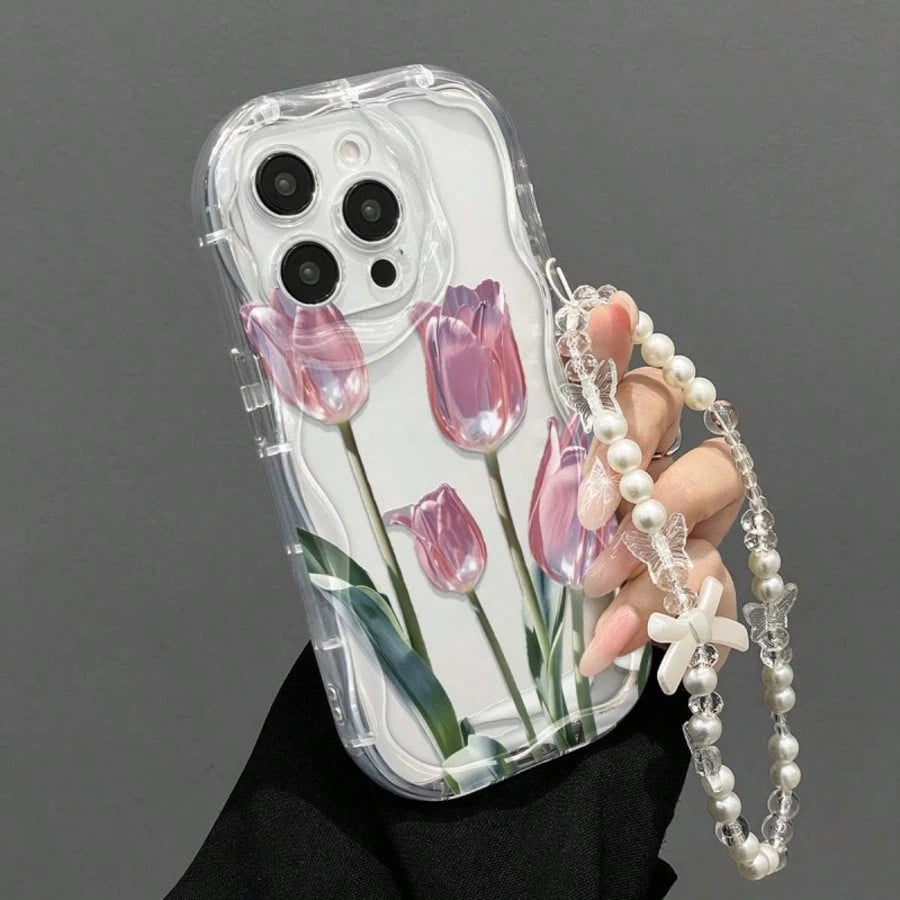 Transparent Wavy Edge Pink Tulip Phone Case, Fresh Floral Print With Pearl Bow Charm Chain, Full Coverage Anti-Drop Soft Shell Compatible With 17/17 Pro/17 Pro Max, 16/15, 15 Pro Max, 13/14/11/12/14 P