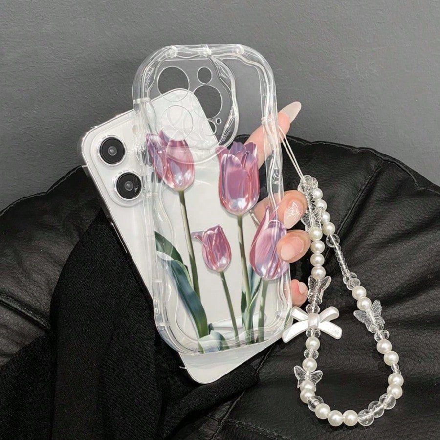 Transparent Wavy Edge Pink Tulip Phone Case, Fresh Floral Print With Pearl Bow Charm Chain, Full Coverage Anti-Drop Soft Shell Compatible With 17/17 Pro/17 Pro Max, 16/15, 15 Pro Max, 13/14/11/12/14 P