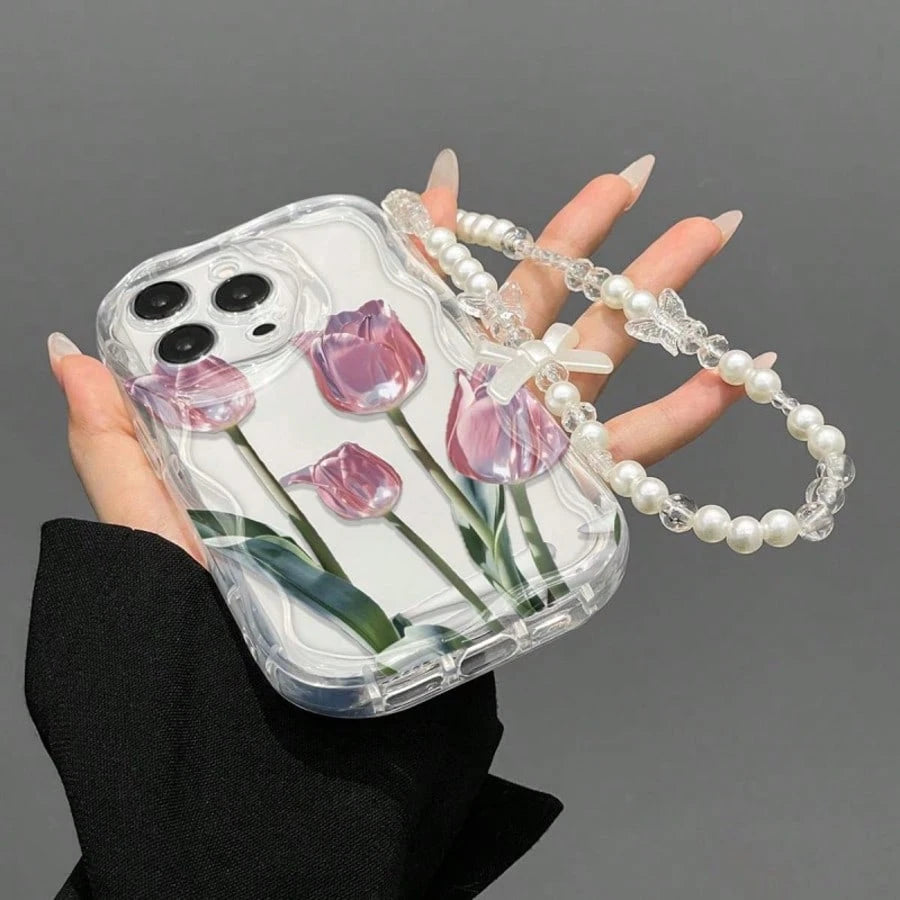Transparent Wavy Edge Pink Tulip Phone Case, Fresh Floral Print With Pearl Bow Charm Chain, Full Coverage Anti-Drop Soft Shell Compatible With 17/17 Pro/17 Pro Max, 16/15, 15 Pro Max, 13/14/11/12/14 P