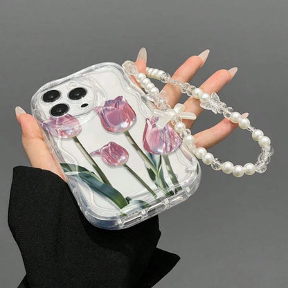 Transparent Wavy Edge Pink Tulip Phone Case, Fresh Floral Print With Pearl Bow Charm Chain, Full Coverage Anti-Drop Soft Shell Compatible With 17/17 Pro/17 Pro Max, 16/15, 15 Pro Max, 13/14/11/12/14 P