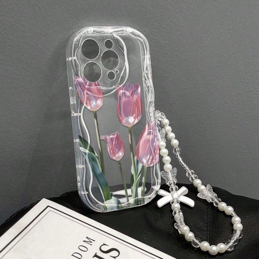 Transparent Wavy Edge Pink Tulip Phone Case, Fresh Floral Print With Pearl Bow Charm Chain, Full Coverage Anti-Drop Soft Shell Compatible With 17/17 Pro/17 Pro Max, 16/15, 15 Pro Max, 13/14/11/12/14 P