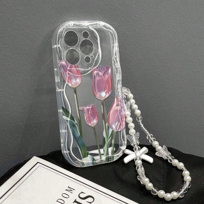 Transparent Wavy Edge Pink Tulip Phone Case, Fresh Floral Print With Pearl Bow Charm Chain, Full Coverage Anti-Drop Soft Shell Compatible With 17/17 Pro/17 Pro Max, 16/15, 15 Pro Max, 13/14/11/12/14 P