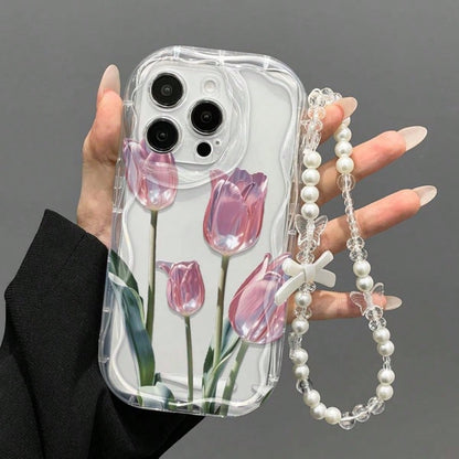 Transparent Wavy Edge Pink Tulip Phone Case, Fresh Floral Print With Pearl Bow Charm Chain, Full Coverage Anti-Drop Soft Shell Compatible With 17/17 Pro/17 Pro Max, 16/15, 15 Pro Max, 13/14/11/12/14 P