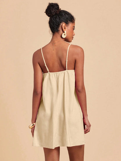 Travachic Beige Summer Tropical Holiday Vacation Holiday Sleeveless Printed Chiffon Mini Dress For Women,Boho Beach Wedding Guest Outfits,Elegant Graduation