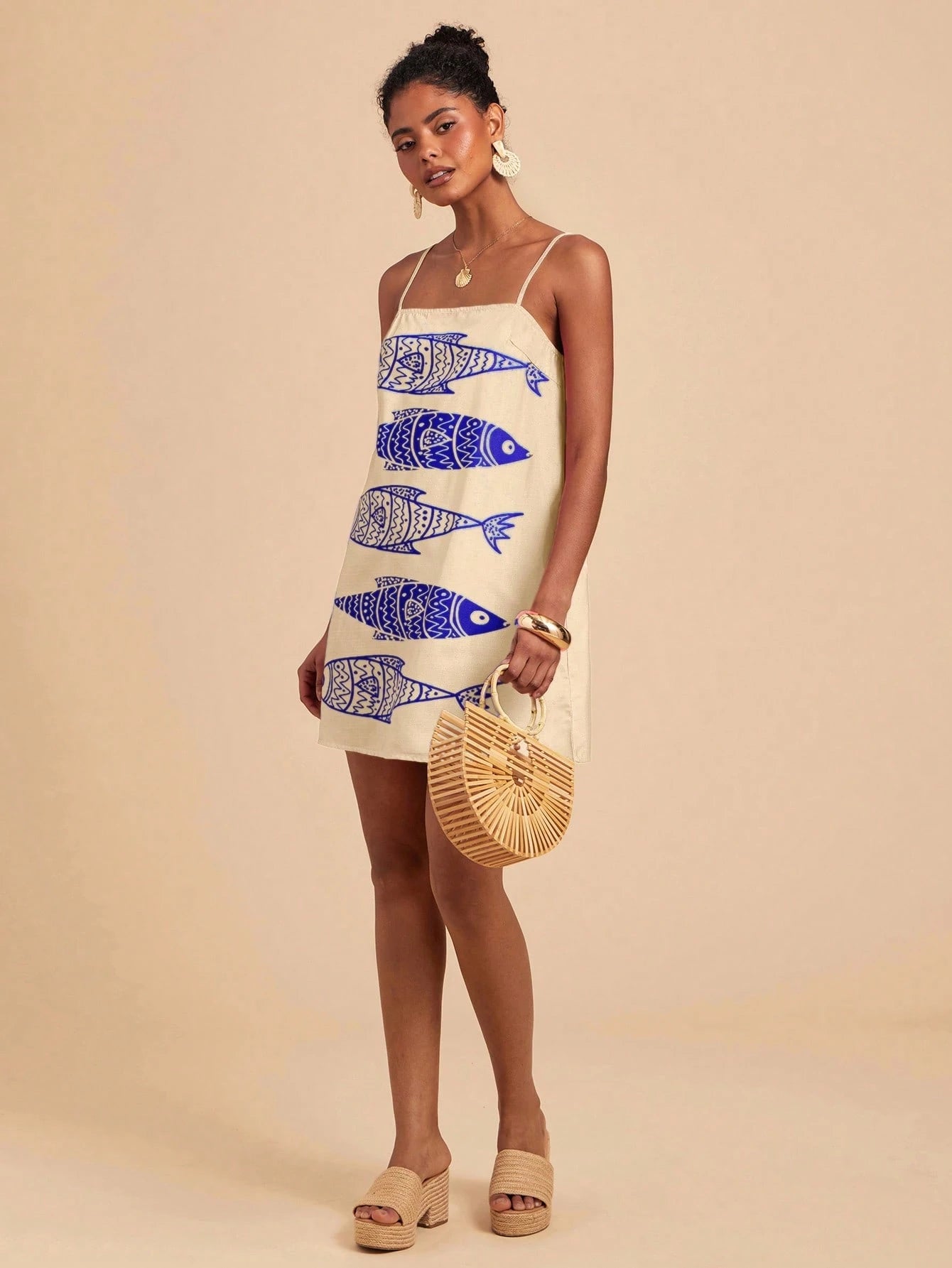 Travachic Beige Summer Tropical Holiday Vacation Holiday Sleeveless Printed Chiffon Mini Dress For Women,Boho Beach Wedding Guest Outfits,Elegant Graduation
