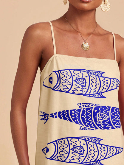 Travachic Beige Summer Tropical Holiday Vacation Holiday Sleeveless Printed Chiffon Mini Dress For Women,Boho Beach Wedding Guest Outfits,Elegant Graduation