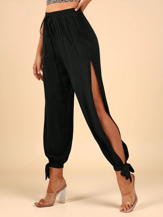 Travachic Black Summer Seductive Beach Vacation Split Thigh Knot Hem Solid Pants,Elegant Boho Bohemian Style For Holiday,Wedding,Music Festival,Tropical Cruise