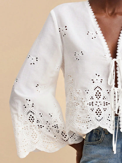 Travachic Deep V Neck White Summer Boho Holiday Vacation Blouse For Women,Eyelet Lace Embroidery Tie Front Top With Flare Sleeves,Elegant Woven Beachwear Top