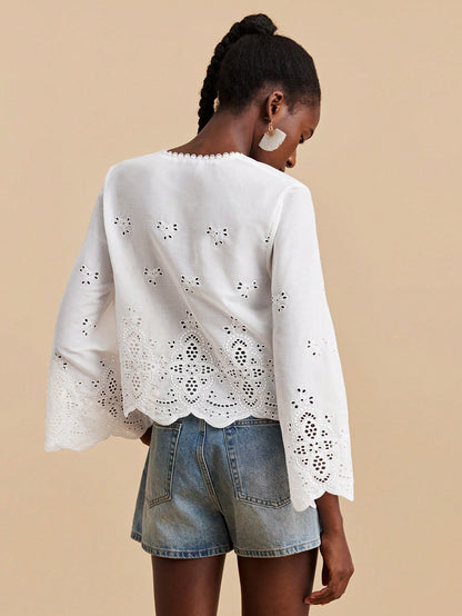 Travachic Deep V Neck White Summer Boho Holiday Vacation Blouse For Women,Eyelet Lace Embroidery Tie Front Top With Flare Sleeves,Elegant Woven Beachwear Top