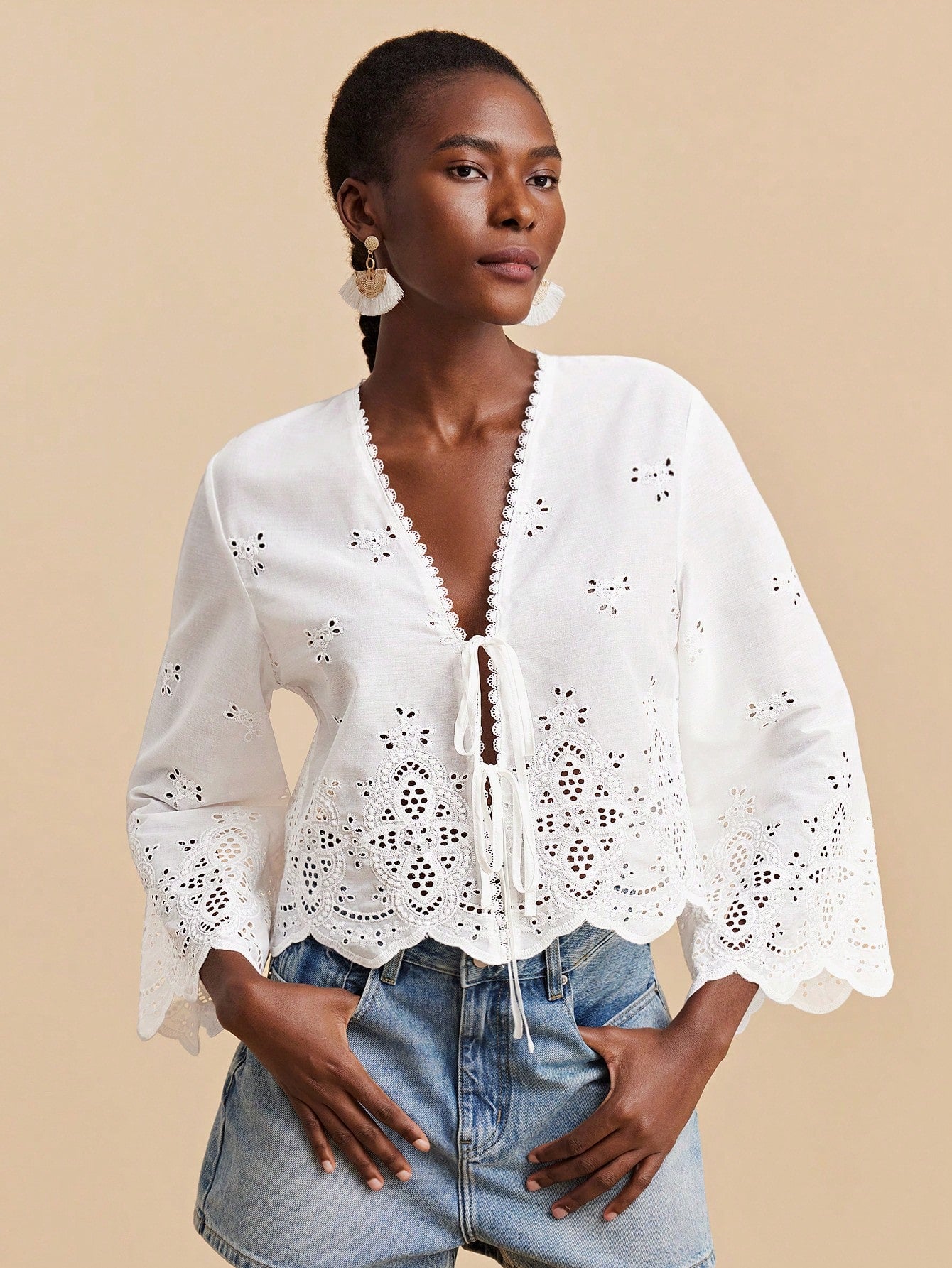 Travachic Deep V Neck White Summer Boho Holiday Vacation Blouse For Women,Eyelet Lace Embroidery Tie Front Top With Flare Sleeves,Elegant Woven Beachwear Top