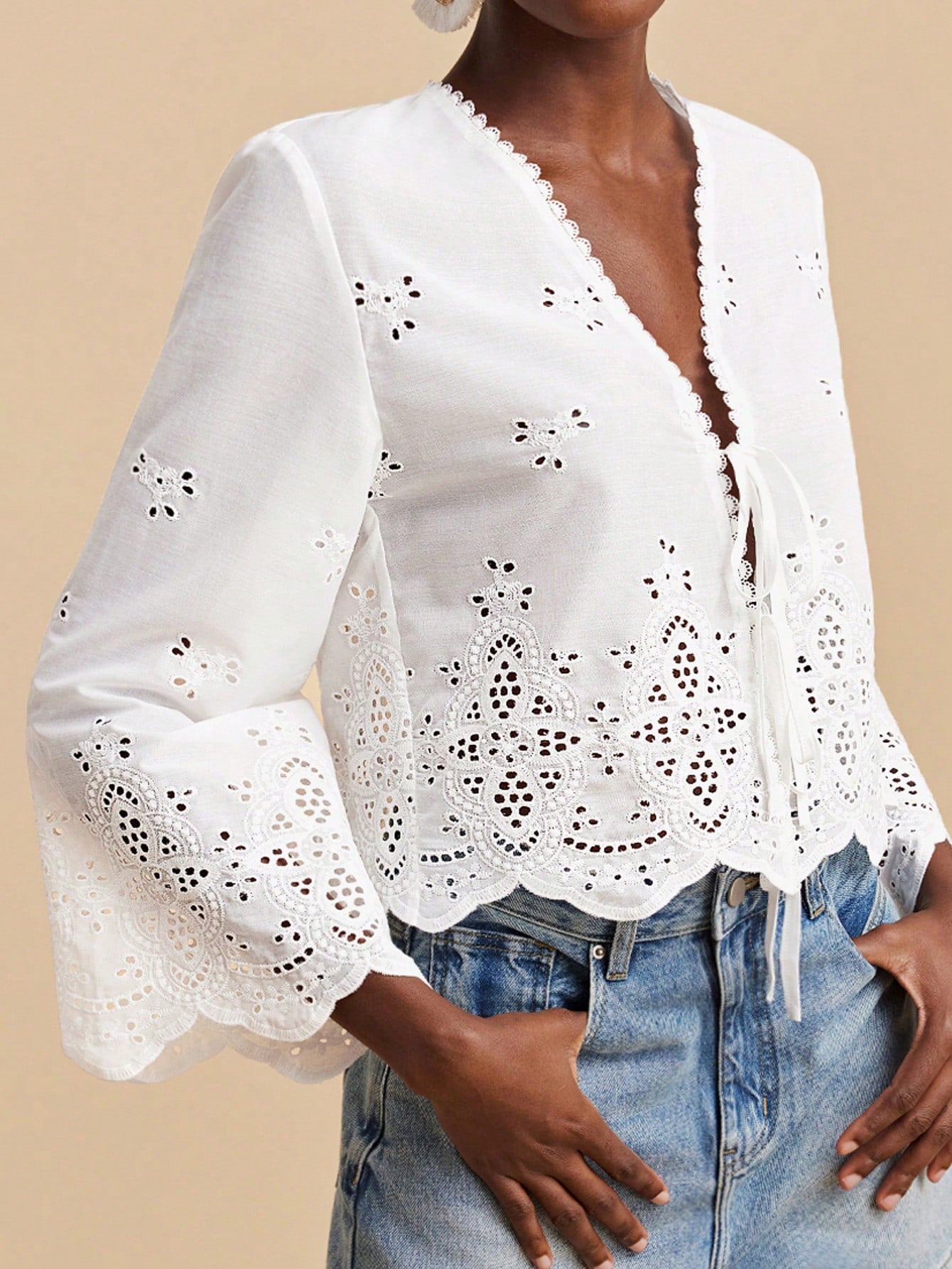 Travachic Deep V Neck White Summer Boho Holiday Vacation Blouse For Women,Eyelet Lace Embroidery Tie Front Top With Flare Sleeves,Elegant Woven Beachwear Top