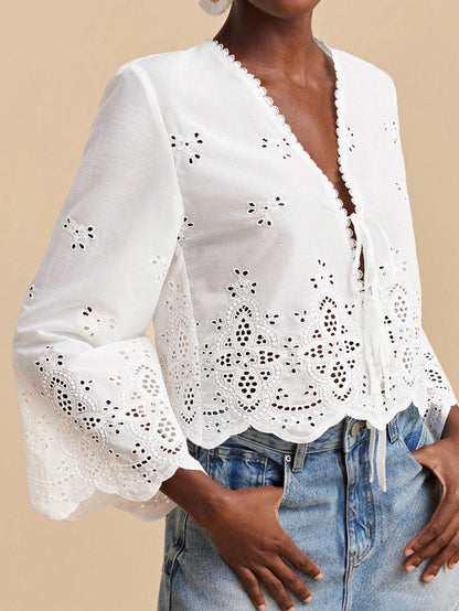 Travachic Deep V Neck White Summer Boho Holiday Vacation Blouse For Women,Eyelet Lace Embroidery Tie Front Top With Flare Sleeves,Elegant Woven Beachwear Top