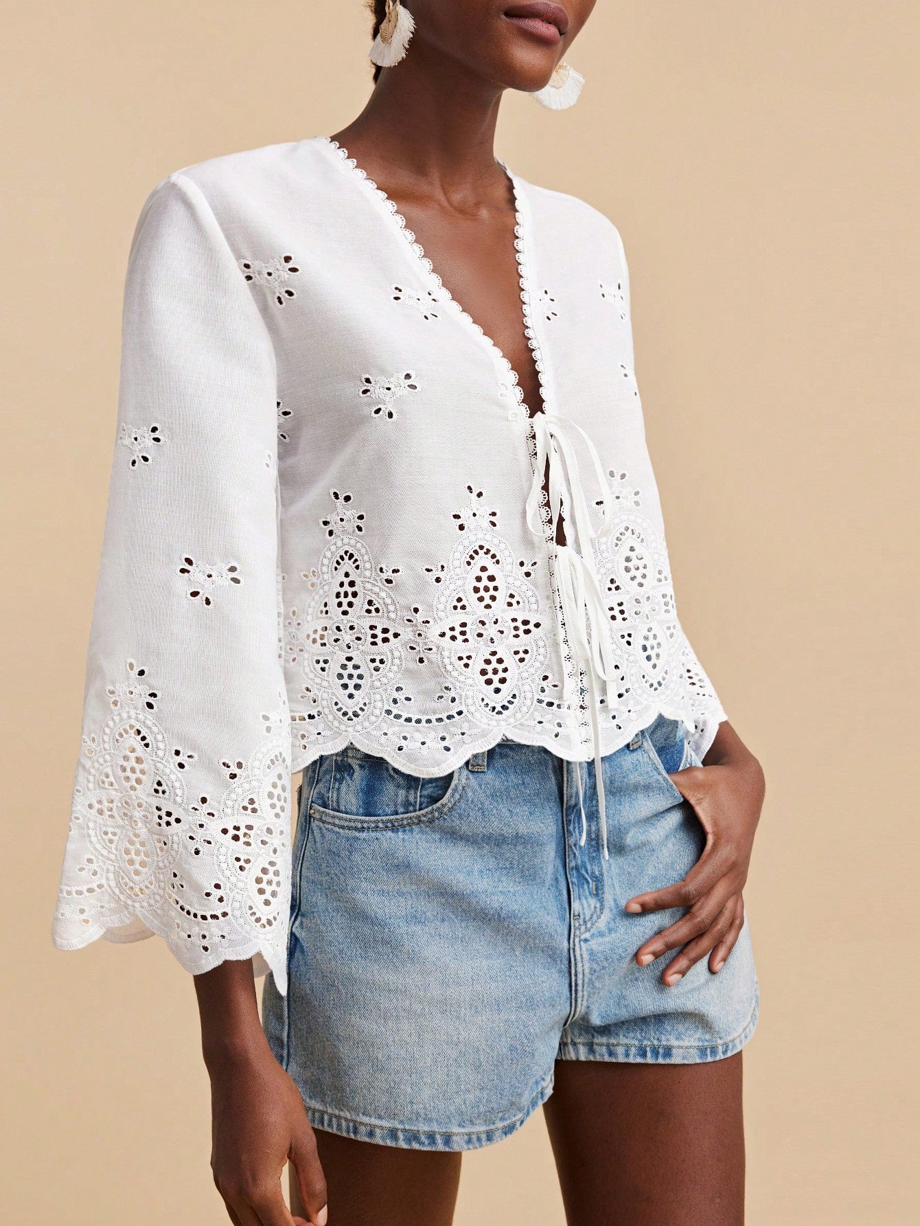 Travachic Deep V Neck White Summer Boho Holiday Vacation Blouse For Women,Eyelet Lace Embroidery Tie Front Top With Flare Sleeves,Elegant Woven Beachwear Top